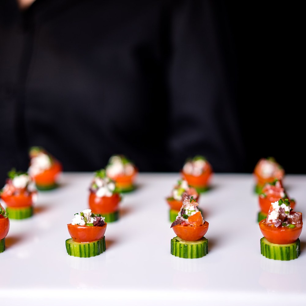 Caprese skewers with tomato, mozzarella and basil