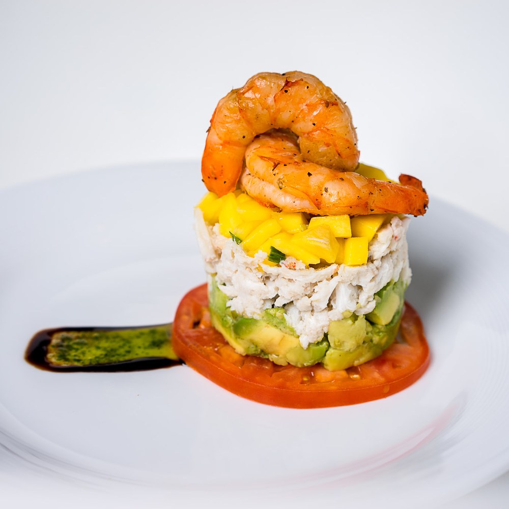 Crab, mango and avocado timbale