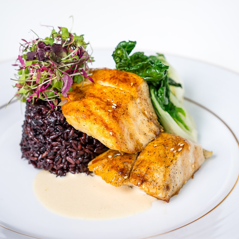 Seared salmon over forbidden black rice