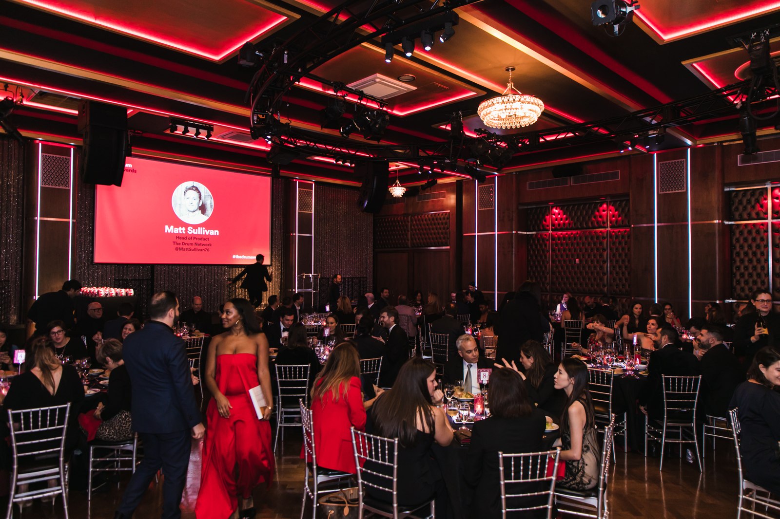 Awards dinner under the red-lit ceiling of the South Ballroom